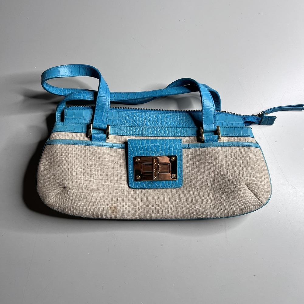 Lauren Ralph Lauren Blue Croc Embossed Leather Canvas Shoulder Bag Gold Hardware